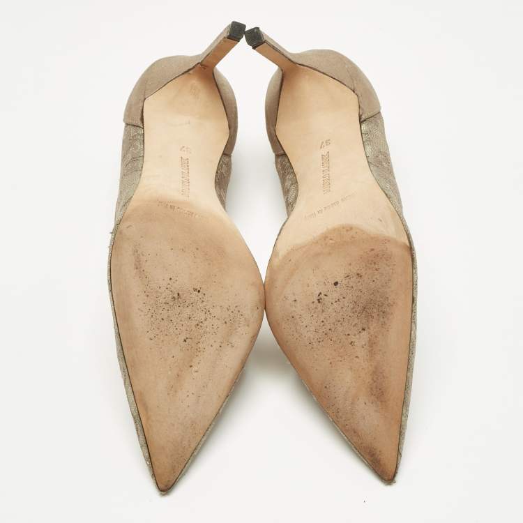 Pre Owned Manolo Blahnik Grey/Gold Mesh and Leather Salola Pumps Size 37