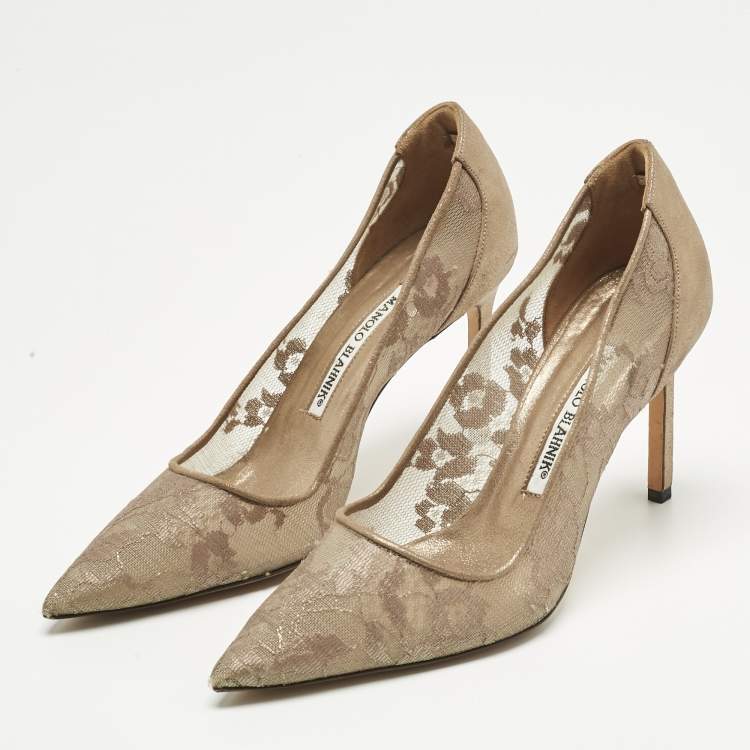 Pre Owned Manolo Blahnik Grey/Gold Mesh and Leather Salola Pumps Size 37