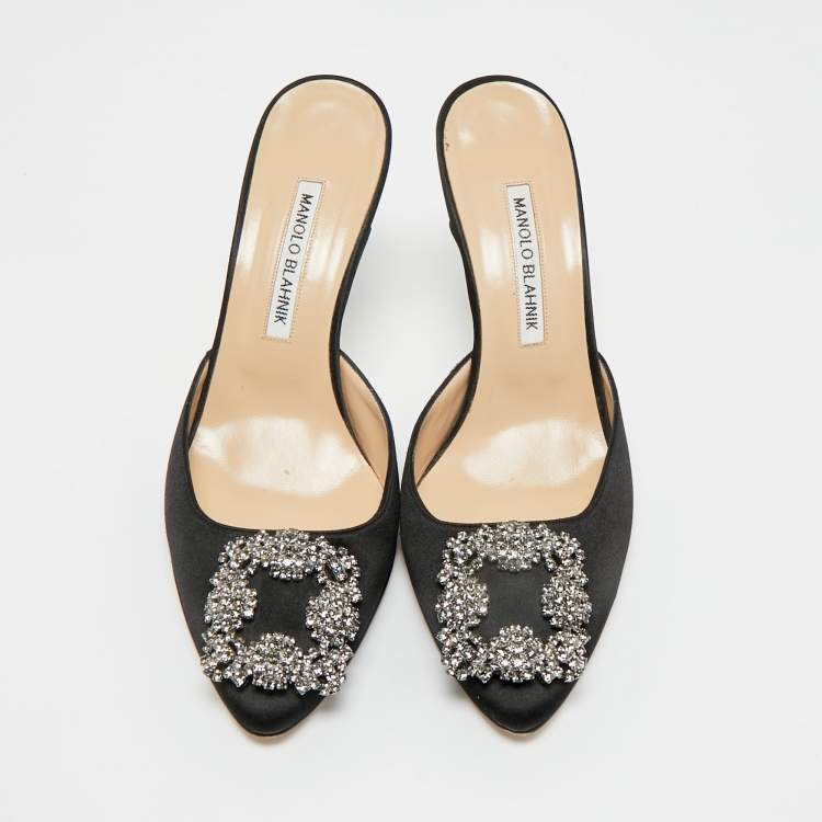 Pre Owned Manolo Blahnik Black Satin Hangisi Mules Sandals Size 38