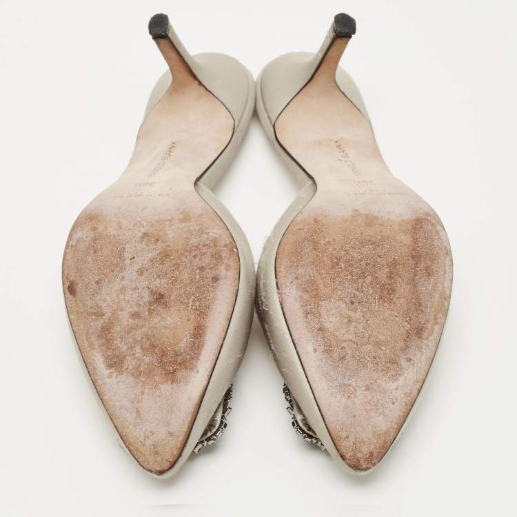 Pre Owned Manolo Blahnik Grey Satin Hangisi Mules Size 38.5
