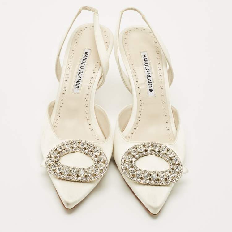 Pre Owned Manolo Blahnik Cream Satin Prietasli Slingback Sandals Size 38.5
