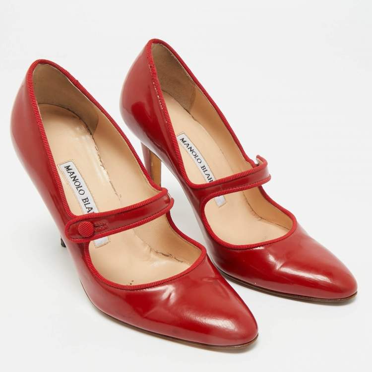 Pre Owned Manolo Blahnik Red Patent Leather Campy Mary Jane Pumps Size 35