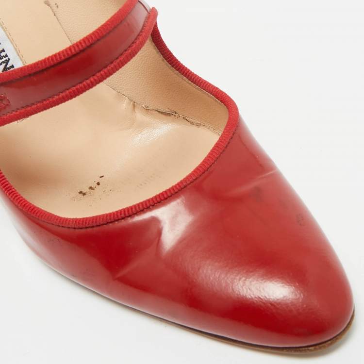 Pre Owned Manolo Blahnik Red Patent Leather Campy Mary Jane Pumps Size 35