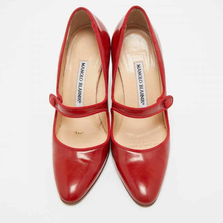 Pre Owned Manolo Blahnik Red Patent Leather Campy Mary Jane Pumps Size 35