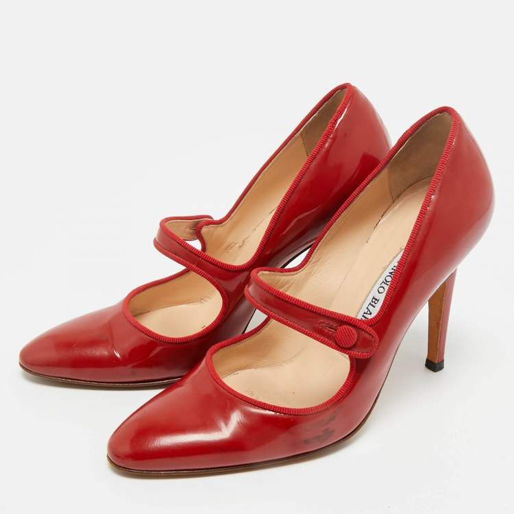 Pre Owned Manolo Blahnik Red Patent Leather Campy Mary Jane Pumps Size 35