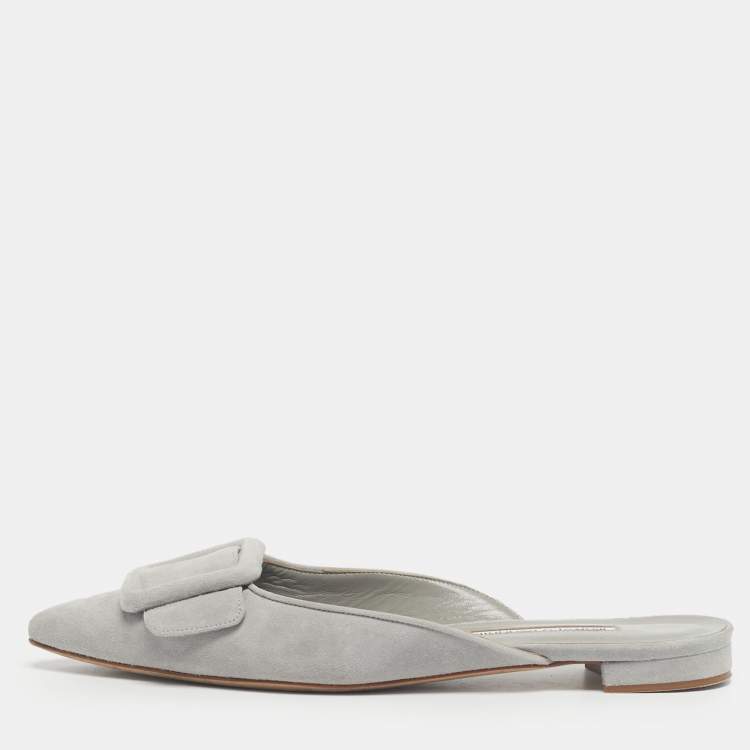 Pre Owned Manolo Blahnik Grey Suede Maysale Mules Size 38.5