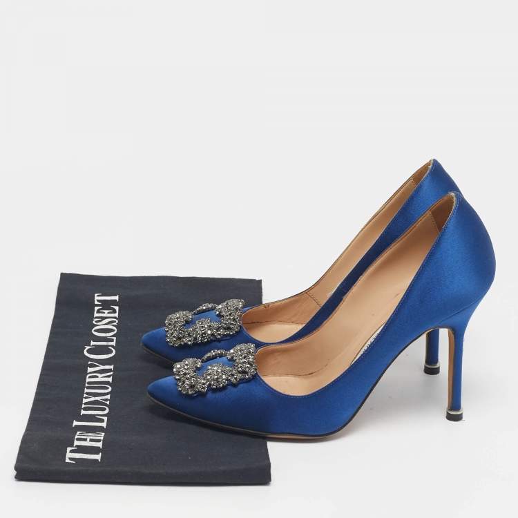 Pre Owned Manolo Blahnik Blue Satin Hangisi Crystal Embellished Pumps Size 36