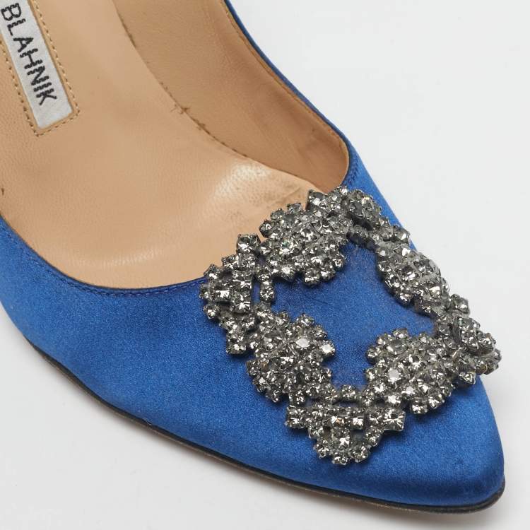 Pre Owned Manolo Blahnik Blue Satin Hangisi Crystal Embellished Pumps Size 36