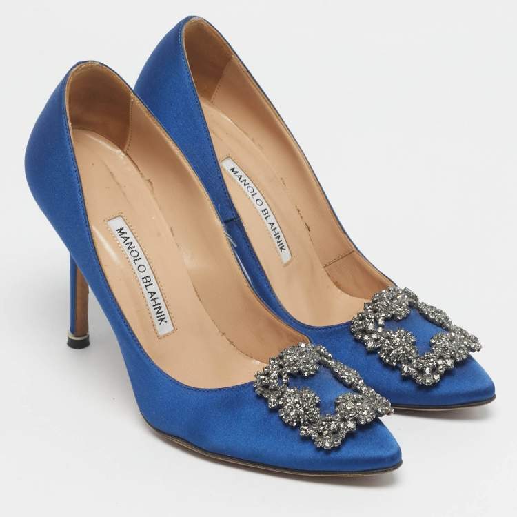 Pre Owned Manolo Blahnik Blue Satin Hangisi Crystal Embellished Pumps Size 36
