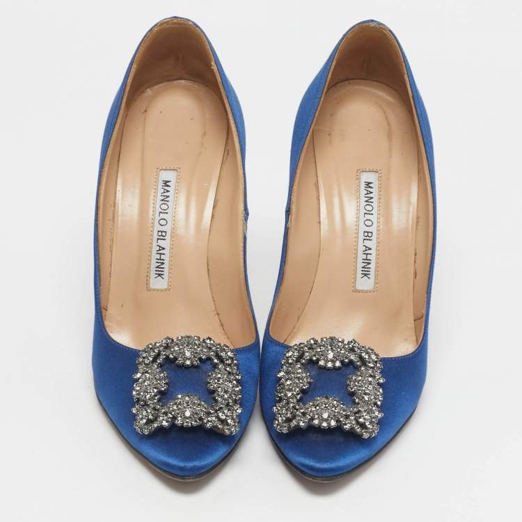 Pre Owned Manolo Blahnik Blue Satin Hangisi Crystal Embellished Pumps Size 36