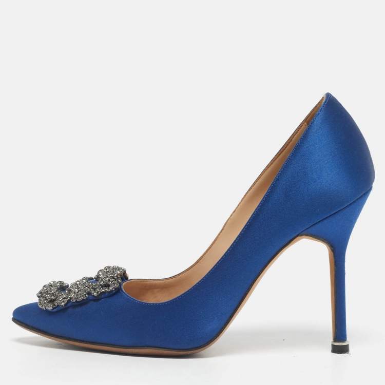 Pre Owned Manolo Blahnik Blue Satin Hangisi Crystal Embellished Pumps Size 36