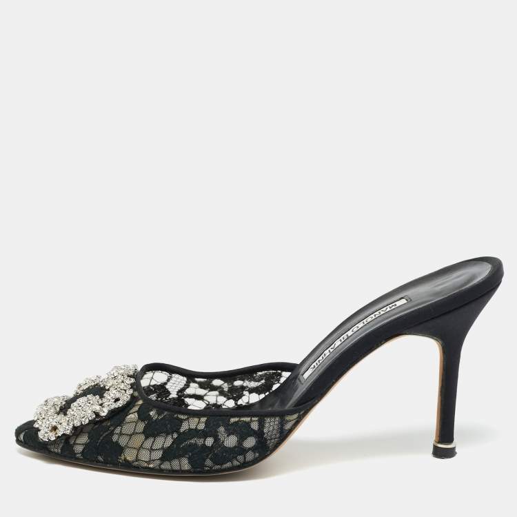 Pre Owned Manolo Blahnik Black Lace and Mesh Hangisi Mules Size 36.5