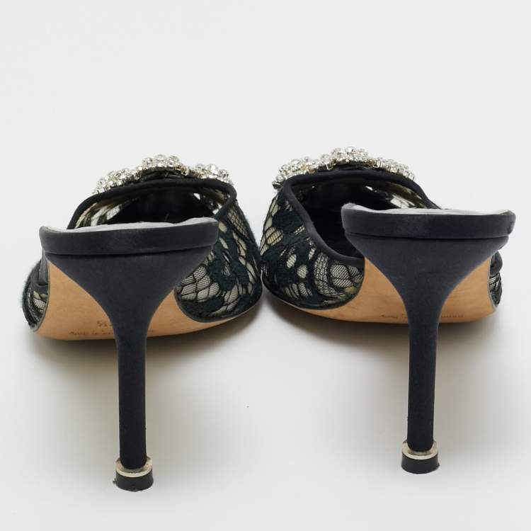 Pre Owned Manolo Blahnik Black Lace and Mesh Hangisi Mules Size 36.5