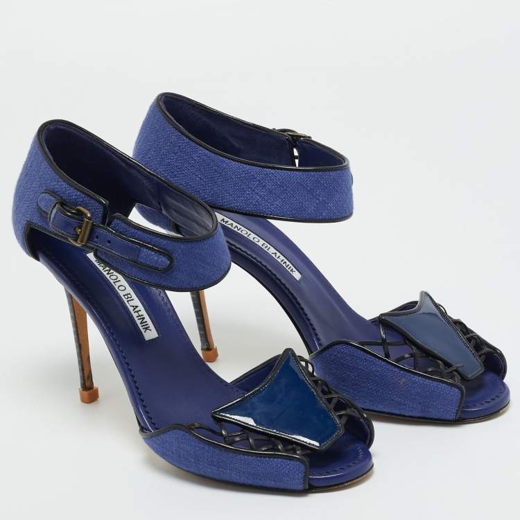 Pre Owned Manolo Blahnik Navy Blue Fabric and Patent Leather Ankle Strap Sandals Size 37.5