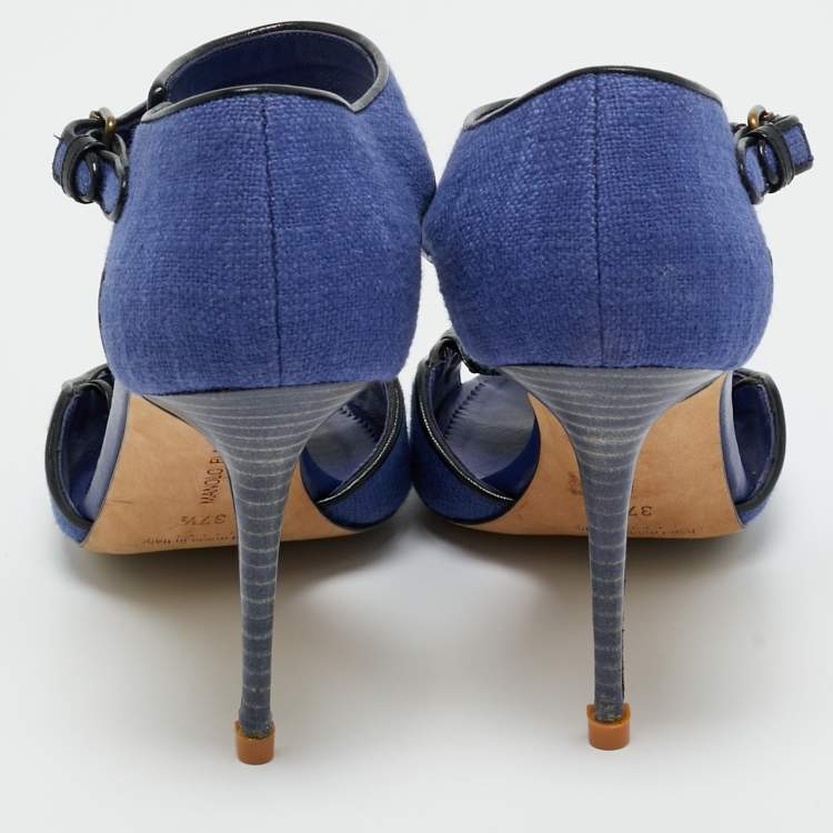 Pre Owned Manolo Blahnik Navy Blue Fabric and Patent Leather Ankle Strap Sandals Size 37.5
