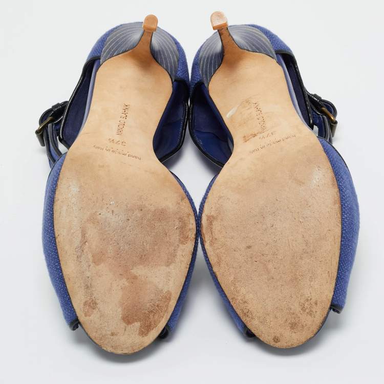 Pre Owned Manolo Blahnik Navy Blue Fabric and Patent Leather Ankle Strap Sandals Size 37.5