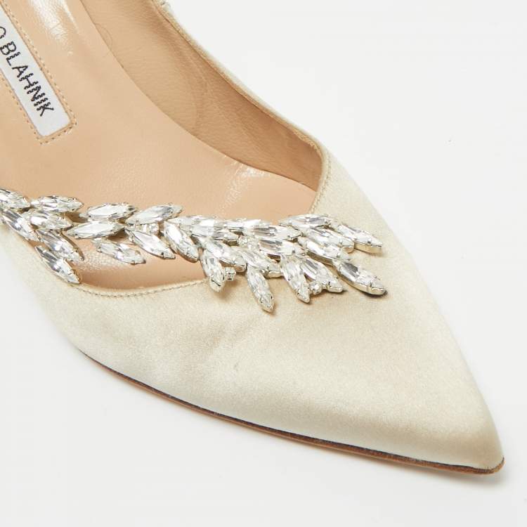 Pre Owned Manolo Blahnik Grey Satin Jewel Nadira Pointed Toe Pumps Size 38.5