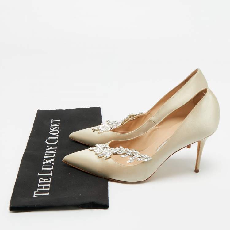 Pre Owned Manolo Blahnik Grey Satin Jewel Nadira Pointed Toe Pumps Size 38.5