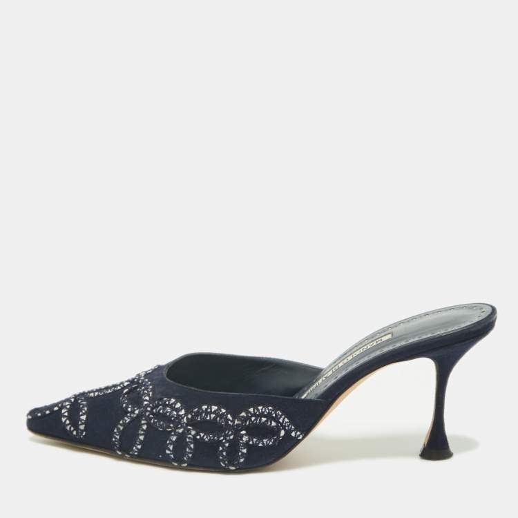 Pre Owned Manolo Blahnik Navy Blue Suede Mules Size 38.5