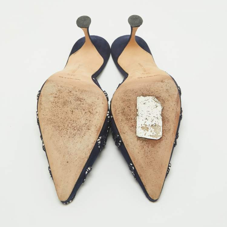 Pre Owned Manolo Blahnik Navy Blue Suede Mules Size 38.5