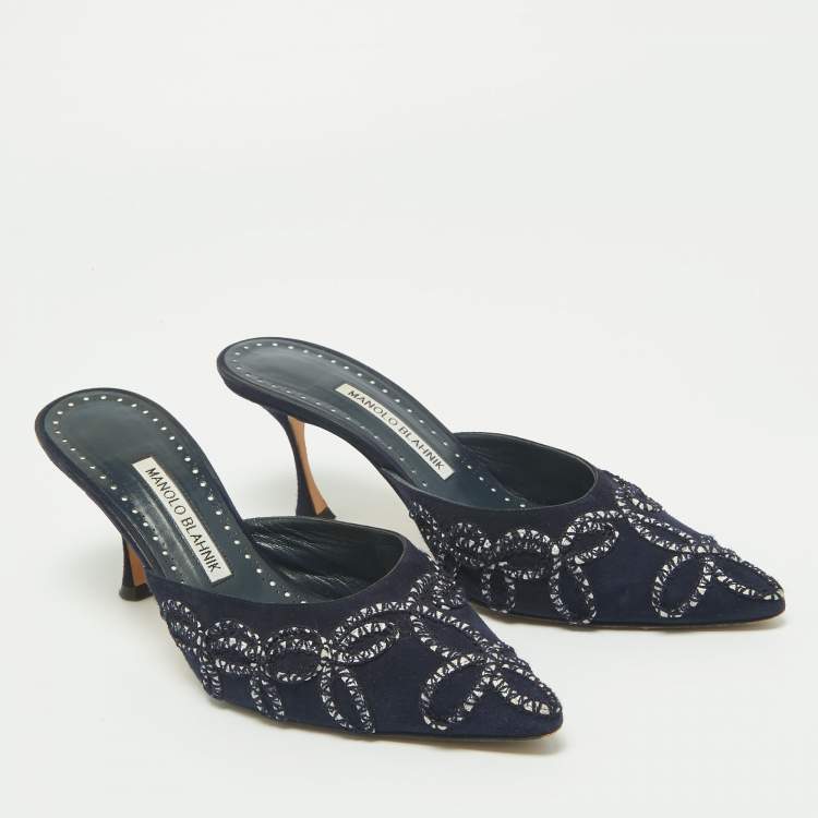 Pre Owned Manolo Blahnik Navy Blue Suede Mules Size 38.5
