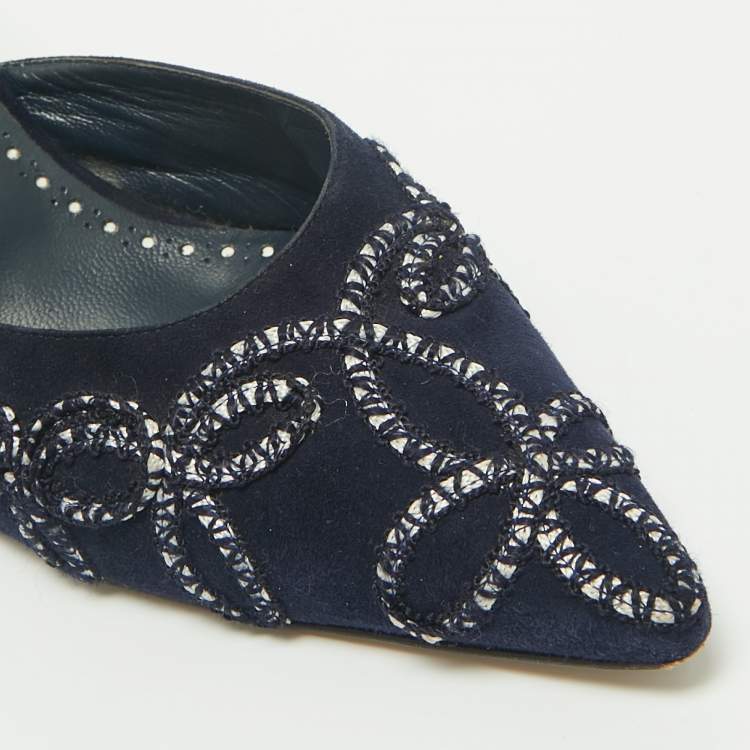 Pre Owned Manolo Blahnik Navy Blue Suede Mules Size 38.5