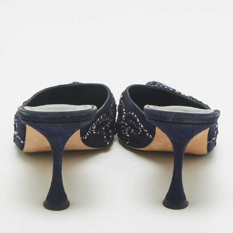 Pre Owned Manolo Blahnik Navy Blue Suede Mules Size 38.5