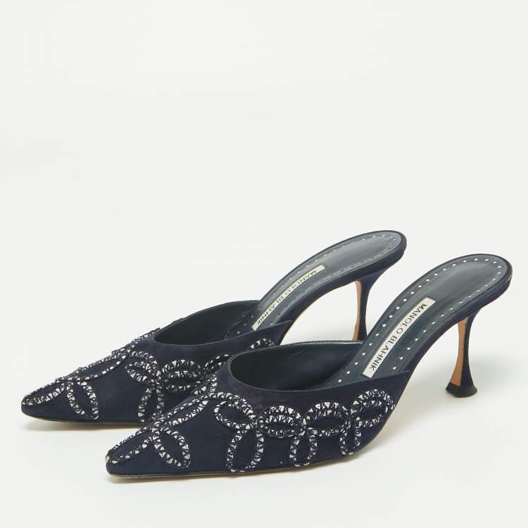 Pre Owned Manolo Blahnik Navy Blue Suede Mules Size 38.5