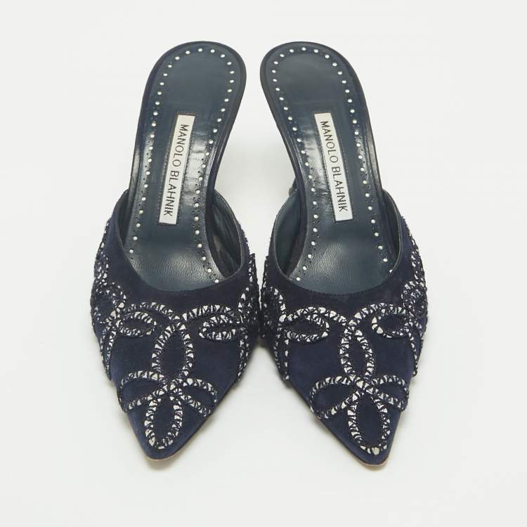 Pre Owned Manolo Blahnik Navy Blue Suede Mules Size 38.5
