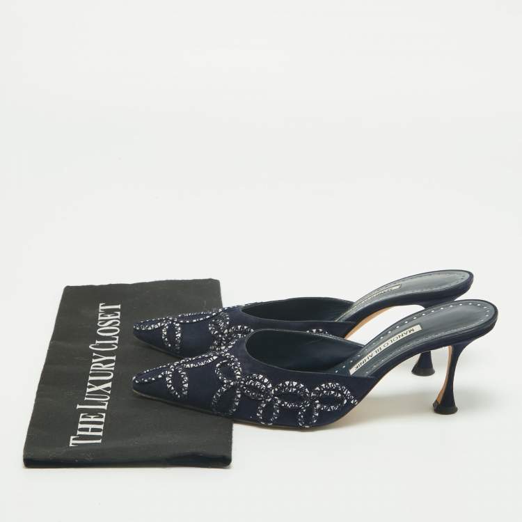 Pre Owned Manolo Blahnik Navy Blue Suede Mules Size 38.5