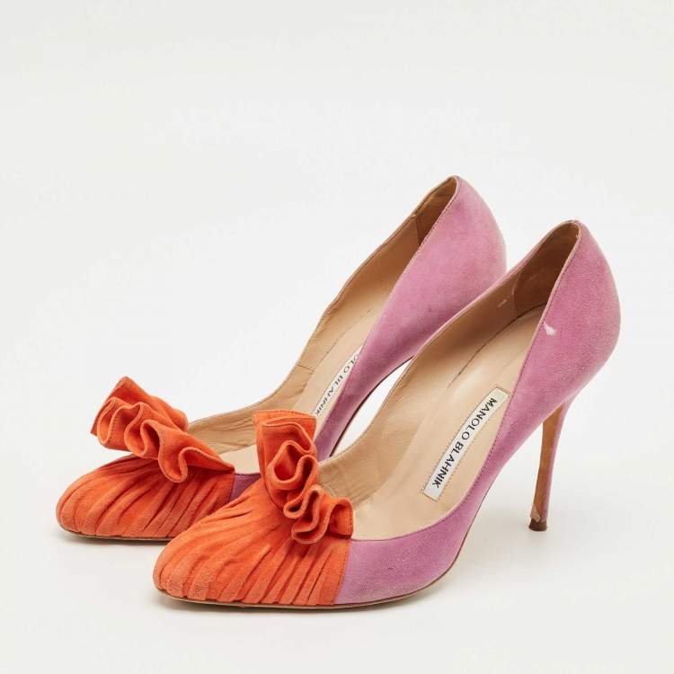 Pre Owned Manolo Blahnik Purple/Orange Suede Ruffle Pumps Size 39.5