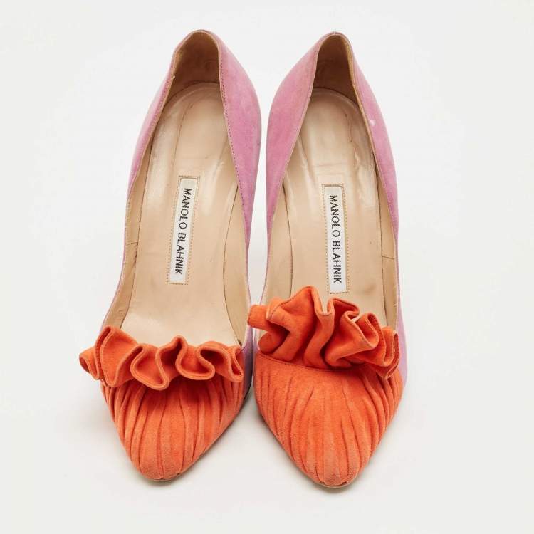 Pre Owned Manolo Blahnik Purple/Orange Suede Ruffle Pumps Size 39.5
