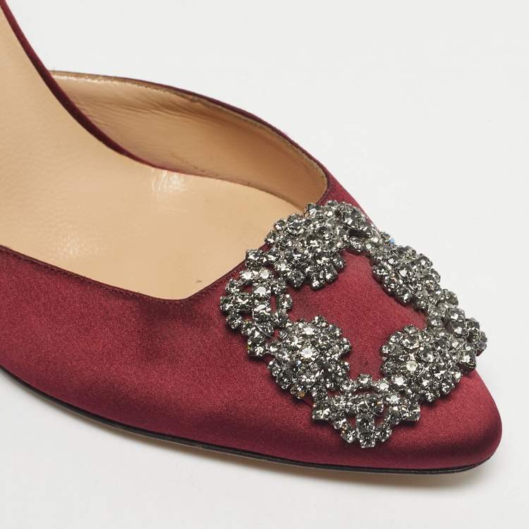 Pre Owned Manolo Blahnik Burgundy Satin Hangisi Mules Size 38.5