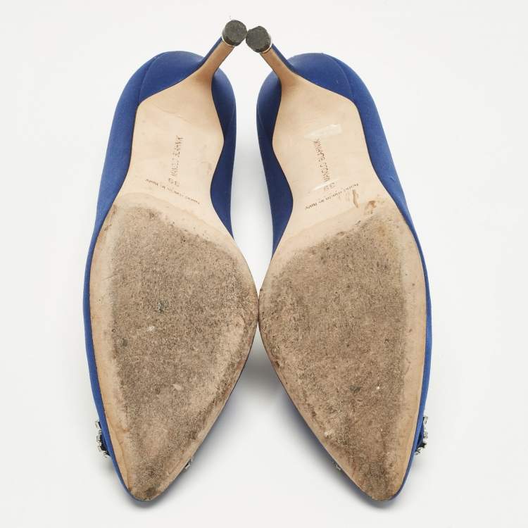 Pre Owned Manolo Blahnik Blue Satin Hangisi Crystal Embellished Pumps Size 39