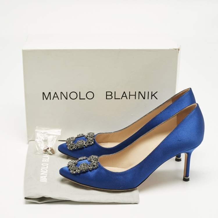 Pre Owned Manolo Blahnik Blue Satin Hangisi Crystal Embellished Pumps Size 39