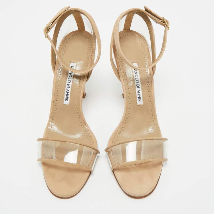 Pre Owned Manolo Blahnik Beige PVC and Suede Ankle Strap Sandals Size 38