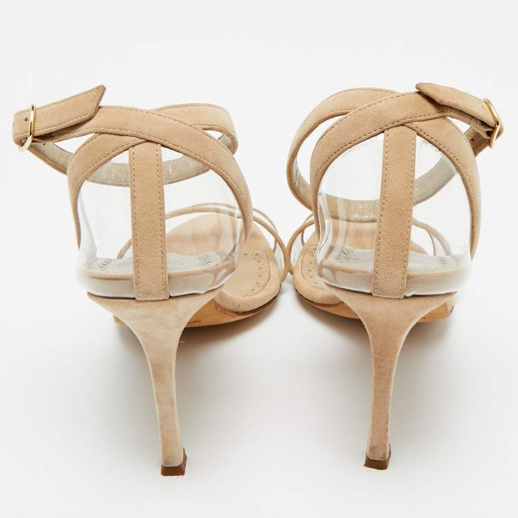 Pre Owned Manolo Blahnik Beige PVC and Suede Ankle Strap Sandals Size 38