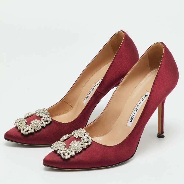Pre Owned Manolo Blahnik Burgundy Satin Hangisi Crystal Embellished Pumps Size 38
