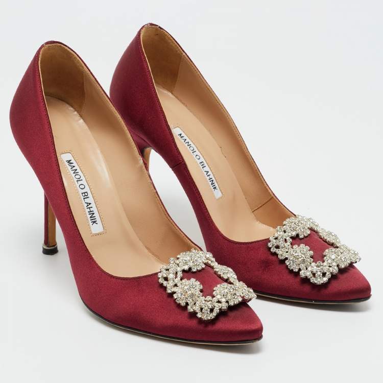 Pre Owned Manolo Blahnik Burgundy Satin Hangisi Crystal Embellished Pumps Size 38