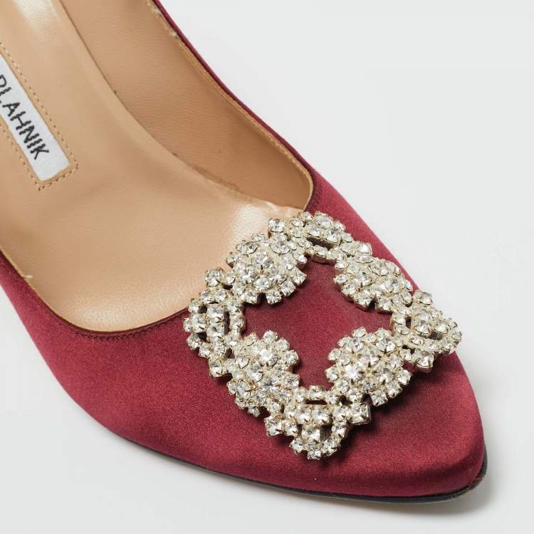 Pre Owned Manolo Blahnik Burgundy Satin Hangisi Crystal Embellished Pumps Size 38
