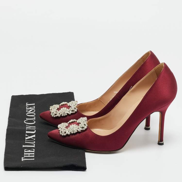 Pre Owned Manolo Blahnik Burgundy Satin Hangisi Crystal Embellished Pumps Size 38