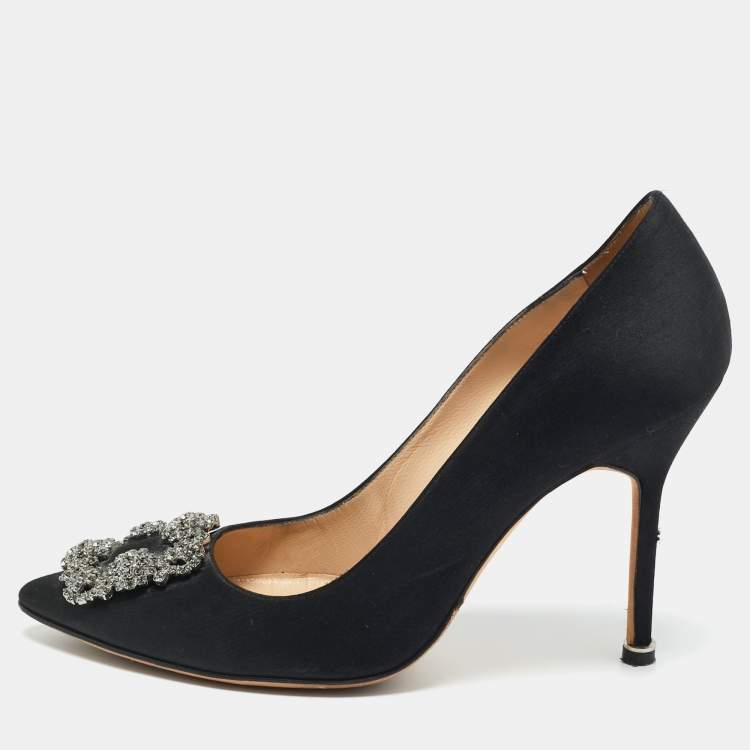 Pre Owned Manolo Blahnik Black Satin Hangisi Crystal Embellished Pumps Size 38.5
