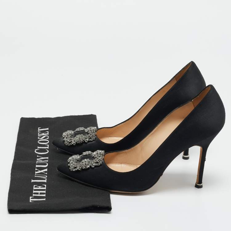 Pre Owned Manolo Blahnik Black Satin Hangisi Crystal Embellished Pumps Size 38.5