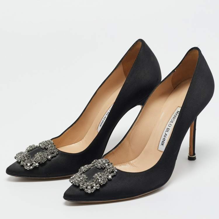 Pre Owned Manolo Blahnik Black Satin Hangisi Crystal Embellished Pumps Size 38.5