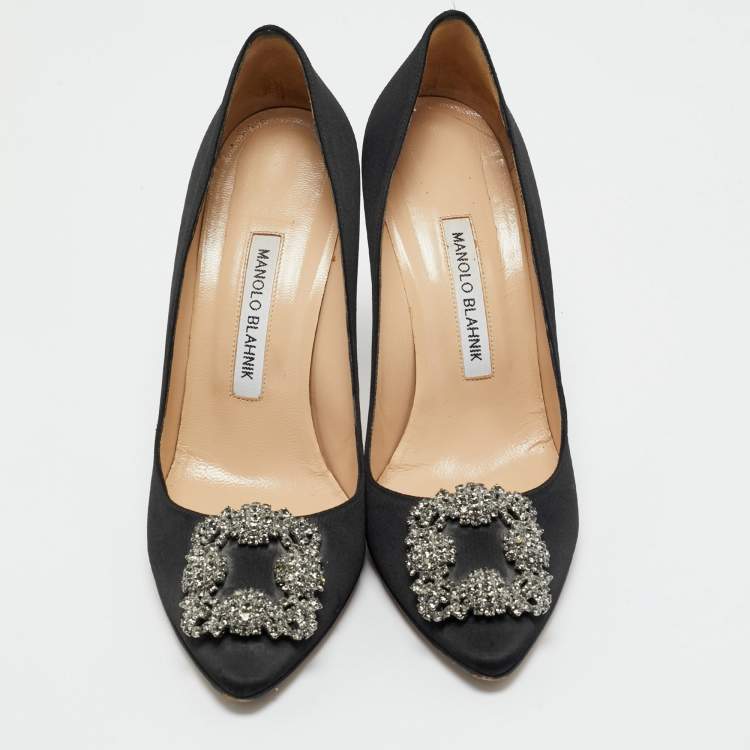 Pre Owned Manolo Blahnik Black Satin Hangisi Crystal Embellished Pumps Size 38.5