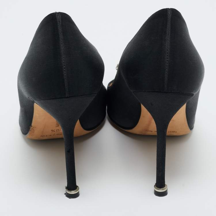 Pre Owned Manolo Blahnik Black Satin Hangisi Crystal Embellished Pumps Size 38.5