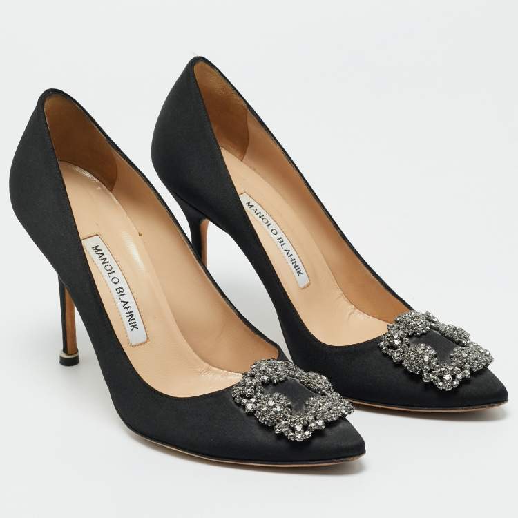 Pre Owned Manolo Blahnik Black Satin Hangisi Crystal Embellished Pumps Size 38.5