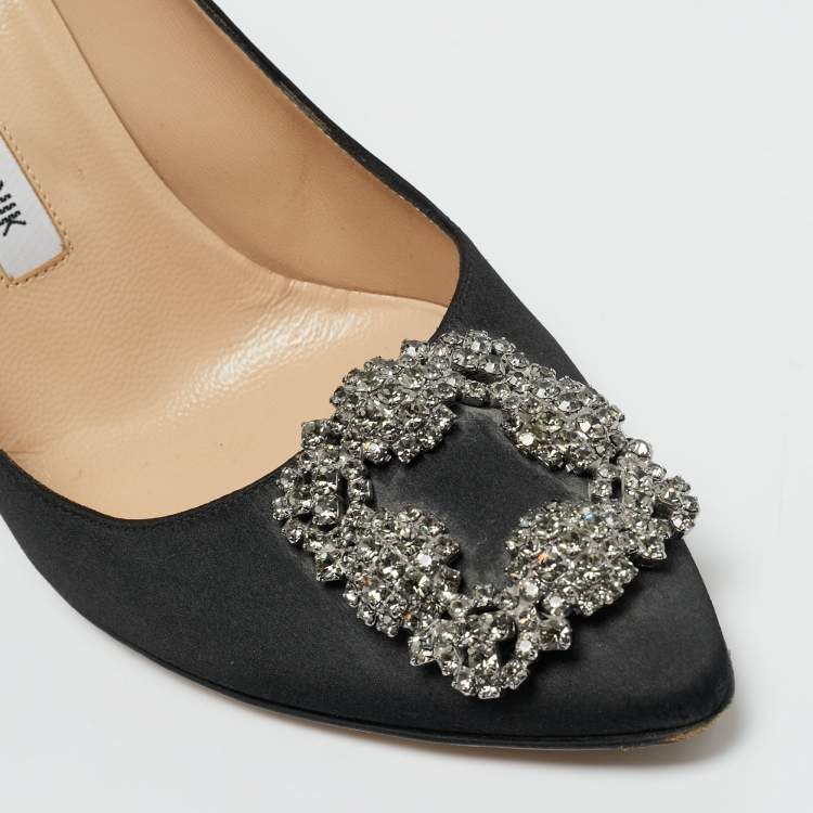 Pre Owned Manolo Blahnik Black Satin Hangisi Crystal Embellished Pumps Size 38.5