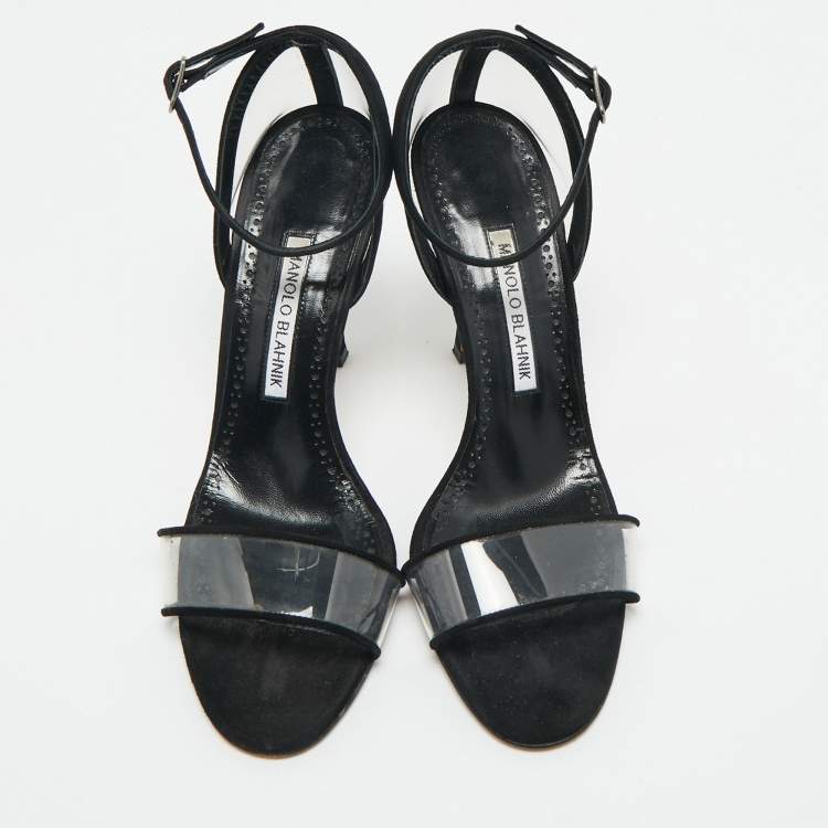 Pre Owned Manolo Blahnik Transparent PVC and Suede Ankle Strap Sandals Size 38