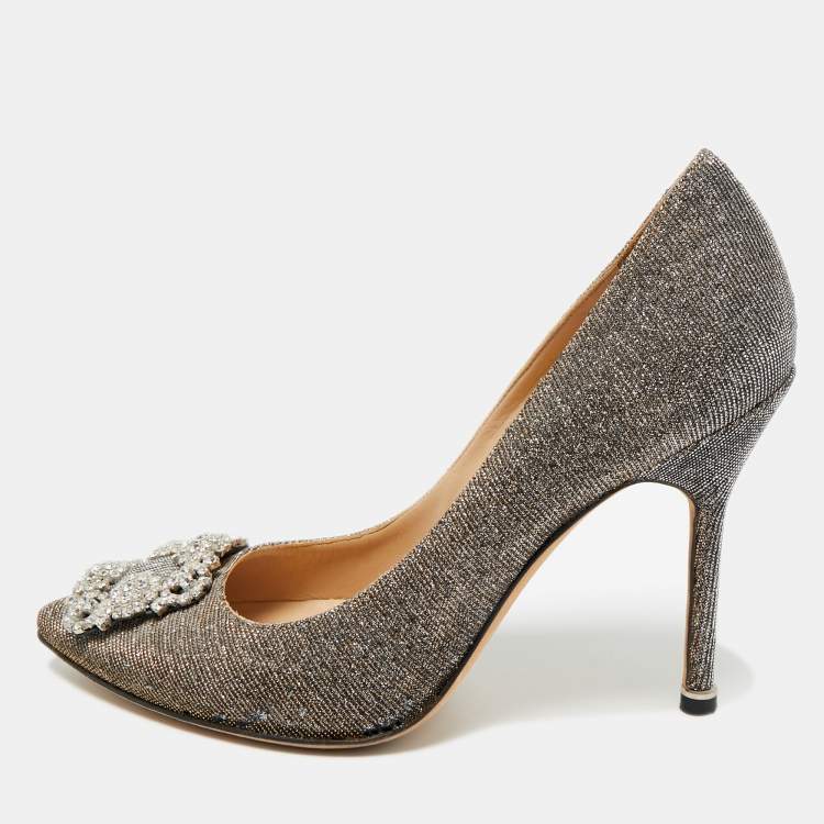 Pre Owned Manolo Blahnik Gold Metallic Lurex Fabric Hangisi Pumps Size 38.5